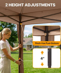 Person adjusting 11x11 Pop Up Gazebo With Mesh Netting And UPF 50 Plus UV Protection, No Tool Setup Easy Up Outdoor Canopy Tent, Water Resistant Shelter Providing 121 Sq Ft Of Coverage, Portable Brown height with push buttons.