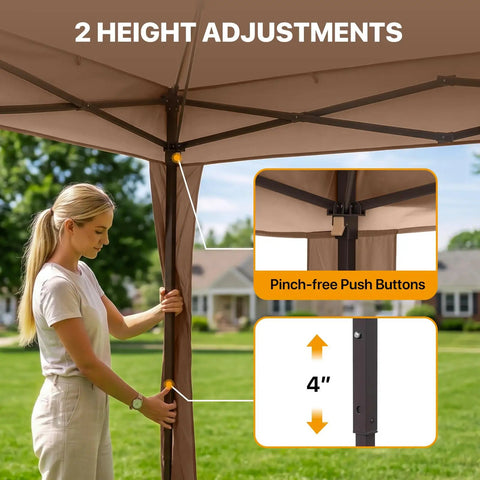 Person adjusting 11x11 Pop Up Gazebo With Mesh Netting And UPF 50 Plus UV Protection, No Tool Setup Easy Up Outdoor Canopy Tent, Water Resistant Shelter Providing 121 Sq Ft Of Coverage, Portable Brown height with push buttons.