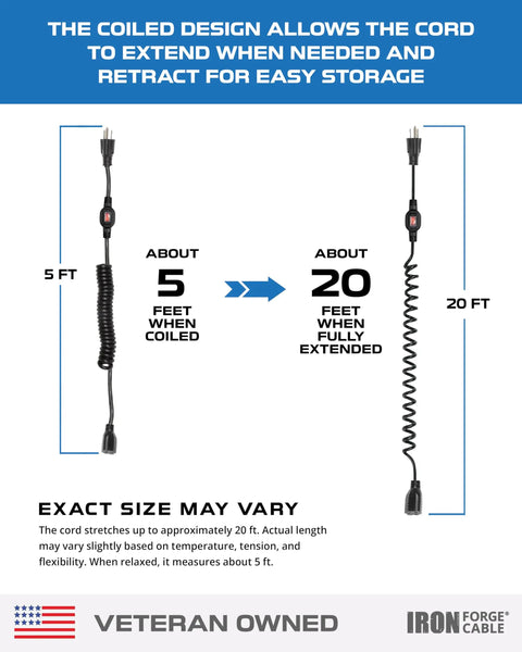 Built Tough 16 Gauge Black Coiled Extension Cord 20 Feet 3 Prong With Waterproof On Off Switch showing coiling and length options.