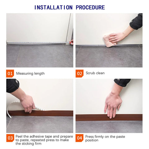 TAROSE 33 ft transparent adhesive weather stripping installed at door bottom; steps: measure, clean, peel, press.