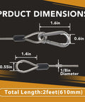 Product dimensions of 4 Pack Stage Light Safety Cables With Loops And Snap Hooks, 2 Ft Long, 1/8 Inch Diameter, Premium 304 Stainless Steel Rigging Cables Not Coated.