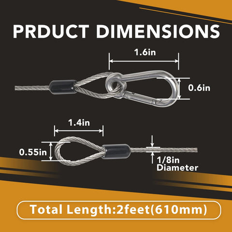 Product dimensions of 4 Pack Stage Light Safety Cables With Loops And Snap Hooks, 2 Ft Long, 1/8 Inch Diameter, Premium 304 Stainless Steel Rigging Cables Not Coated.