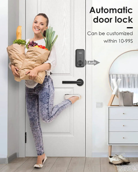 Woman entering home with groceries using Keypad Door Lock With Keyless Entry Electronic Lock For Home Security Programmable 20 Access Codes And A One Time Guest Code Auto Lock Smart Lock For No Key Hassle Easy Safe Entry And Family Use.