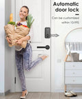 Woman entering home with Keypad Door Lock With 20 Access Codes And One Time Use Code, auto-locking shown on door.