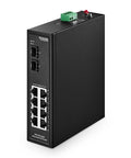 8-Port PoE Gigabit Industrial DIN Rail Switch With 2 SFP Ports, Managed, IEEE 802.3af and 802.3at, black standing view.