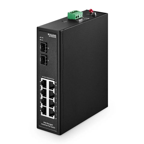 8-Port PoE Gigabit Industrial DIN Rail Switch With 2 SFP Ports, Managed, IEEE 802.3af and 802.3at, black standing view.