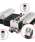 5 Way 3 Position Pneumatic Solenoid Valve Kit with PT One Quarter Ports, 6mm Inlet Outlet, 8mm Base, Plug And Play, 24V DC Coil