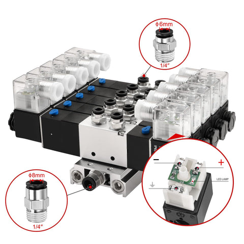 5 Way 3 Position Pneumatic Solenoid Valve Kit with PT One Quarter Ports, 6mm Inlet Outlet, 8mm Base, Plug And Play, 24V DC Coil
