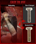 3 Piece Thread Restorer File Set for thread chaser repair showing bolts before and after restoration, SAE UNC threads.