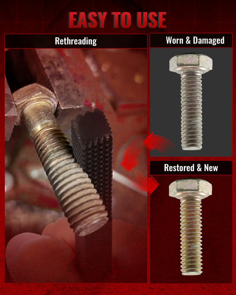 3 Piece Thread Restorer File Set for thread chaser repair showing bolts before and after restoration, SAE UNC threads.