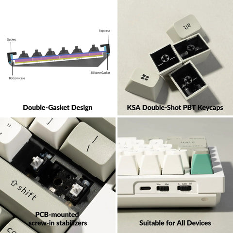 True Flex Full Size Custom Mechanical Keyboard With Hot Swappable Gateron Browns Qmk Via Firmware Bluetooth And 2.4Ghz Wireless Typing Rig showing keys and gaskets design.