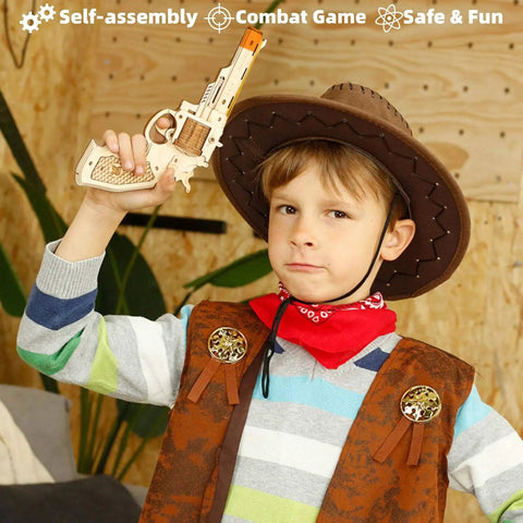 Child with cowboy hat holding Dope 3D Wooden Puzzle And Mechanical Model Kit For DIY Builders With Multiplayer Target Shooting Game