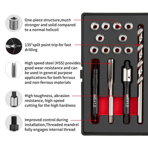 Thread repair kit with 10 M6x1.0 inserts, HSS drill, tap, installation driver, counterbore in a black case.