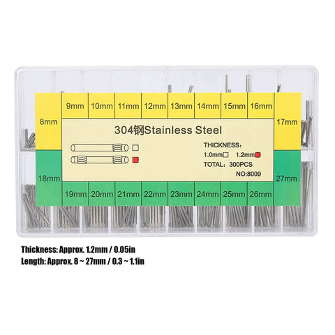 Friction Bar Watch Band Pin Set For Quick Strap Repairs, 304 Stainless Steel 1.2mm Pins, 8 To 27mm Range, 20 Sizes in case
