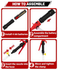 Assembly guide for Plug And Play Electric Fuel Transfer Pump With Usb C and Heavy Duty Batteries showing battery and nozzle installation steps.