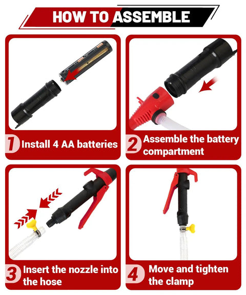 Assembly guide for Plug And Play Electric Fuel Transfer Pump With Usb C and Heavy Duty Batteries showing battery and nozzle installation steps.