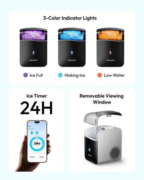 Fresh Freeze Countertop Nugget Ice Maker Yields 42 Lbs Soft Sonic Pebble Ice In Minutes With Smart App Alexa Hookup Self Cleaning Portable showing indicator lights and removable lid.