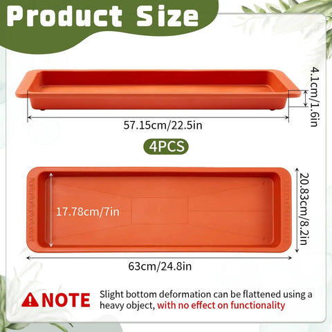 Terracotta 4 Pack Rectangle Plant Saucers 24 X 8 X 1.6 Inch Large Plastic Drip Trays For Windowsill Pots And Planters, Perfect Drainage For Germination, Indoor Outdoor Use, Keeps Surfaces Clean And Pots Stable