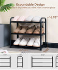 Expandable Three Tier Metal Shoe Rack For Entryway Closet And Doorway Free Standing Heavy Duty Organizer Holds Up To Twelve Pairs Of Shoes Easy To Assemble Space Saving Black, shown with shoes.