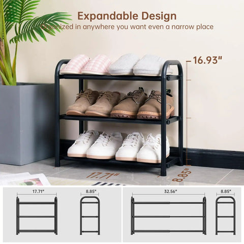 Expandable Three Tier Metal Shoe Rack For Entryway Closet And Doorway Free Standing Heavy Duty Organizer Holds Up To Twelve Pairs Of Shoes Easy To Assemble Space Saving Black, shown with shoes.