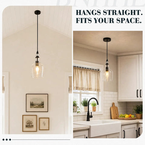BNHHLZ Seeded Glass Pendant Light for Kitchen Island hanging in modern kitchen with warm lighting and matte black details.