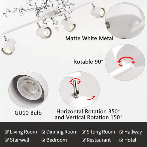 Dope Four Light Track Lighting Kit With Adjustable Heads And GU10 Sockets showing rotation angles and matte white finish