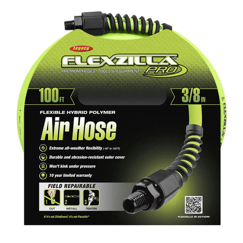 Packaging of Heavy Duty Hybrid Air Hose 3/8 Inch By 100 Foot, Lightweight Pro Grade For All Weather Use, Kink Resistant, ZillaGreen