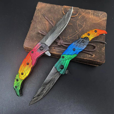 Colorful Eagle Head Embossed Folding Pocket Knife With Damascus Pattern Blade EDC Everyday Carry Utility Knife For Camping And Daily Unpacking Lightweight Decorative Carry Knife For Collectors And Gift.