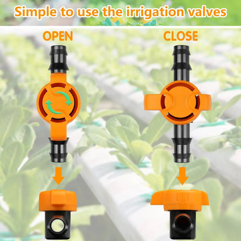 Image of One Half Inch Drip Irrigation Fittings Kit With Thirty Seven Pieces For One Half Inch Tubing Garden Sprinkler Systems showing open and close drip valves.