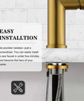Tohlar Gold Kitchen Faucet with Pull Down Sprayer showing easy installation on a sink with stainless steel connections.
