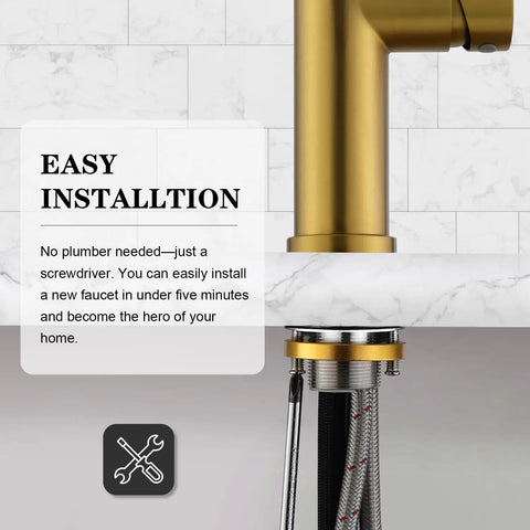 Tohlar Gold Kitchen Faucet with Pull Down Sprayer showing easy installation on a sink with stainless steel connections.