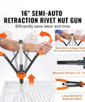 16" semi-auto retraction rivnut gun with long alloy handles, bent-arm linkage, and mandrel tip on sheet metal