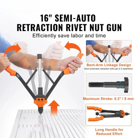 16" semi-auto retraction rivnut gun with long alloy handles, bent-arm linkage, and mandrel tip on sheet metal