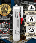 Black RTV Silicone Gasket Maker High Temp Oil Resistant Heavy-Duty Sealant for Auto Engines, Oil Pans, Valve Covers - Sensor Safe, OEM Standard, 10.14 Fl Oz Cartridge shown in workshop setting with engine parts.