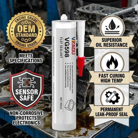 Black RTV Silicone Gasket Maker High Temp Oil Resistant Heavy-Duty Sealant for Auto Engines, Oil Pans, Valve Covers - Sensor Safe, OEM Standard, 10.14 Fl Oz Cartridge shown in workshop setting with engine parts.