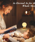 Mother reading to child with 3.5 Inch 3D Moon Lamp With Ceramic Base Touch Dimmable LED Night Light in background.