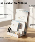 Two Pack 3 Slot Mail Organizer For Desk Space Saving With Front Accessory Tray Vertical Letter Holder And Bill Sorter Premium Plastic Desktop File Organizer For Envelopes Notebooks And Office Supplies White with notebooks and desk supplies