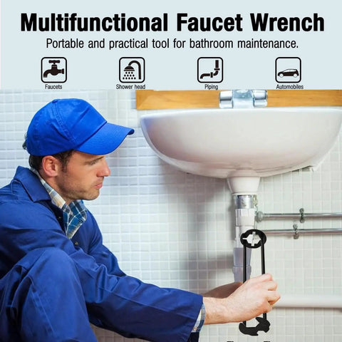 Plumber using Two Pack Basin Wrench Set For Tight Spaces Universal Faucet Nut Tool beneath a bathroom sink.