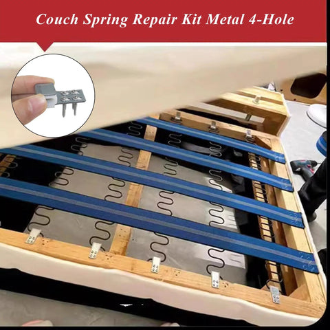 Top Shelf Heavy Duty 10 Piece Sofa Spring Clips Furniture Upholstery Repair Kit With 40 Screws For Couch Chair Recliner And Car Seats Zigzag Hook Quick Swap showing metal 4-hole spring clips attached to a couch frame.