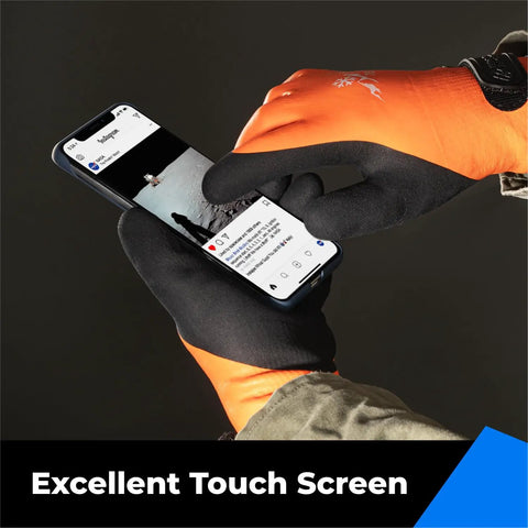 100% Waterproof Winter Work Gloves For Men And Women With Thermal Insulation Double Layer Fully Dipped Latex For Maximum Grippy Touchscreen Compatibility Cold Weather Outdoor And Freezer Use Orange Large glove using phone screen