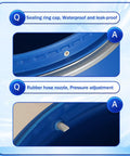Close-up of sealing ring cap and rubber hose nozzle on Blue Plastic Drum With Lid For Water Storage And Bulk Shipping Open Top Barrel Keg Ring Latch Heavy Duty Industrial Container Multipurpose Rain Barrel Feed Bin Air Tight Design 100L