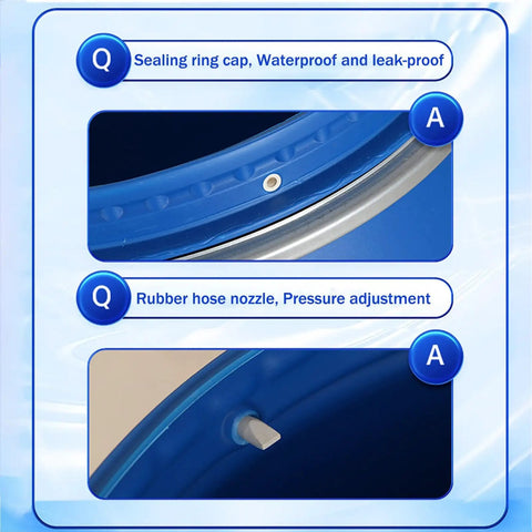 Close-up of sealing ring cap and rubber hose nozzle on Blue Plastic Drum With Lid For Water Storage And Bulk Shipping Open Top Barrel Keg Ring Latch Heavy Duty Industrial Container Multipurpose Rain Barrel Feed Bin Air Tight Design 100L