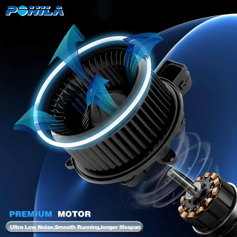 Front HVAC Blower Motor With Brushless Design OEM Replacement For Ford And Lincoln Vehicles, detailed view with airflow graphics.