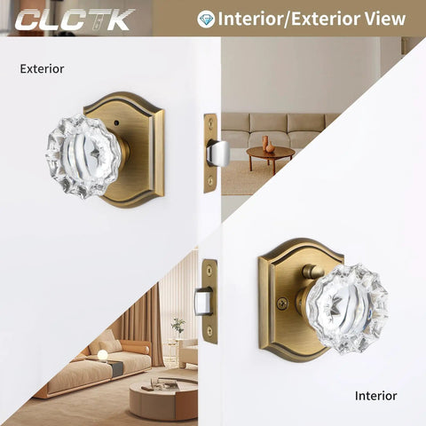 Interior and exterior view of Interior Glass Door Knobs With Privacy Lock, Old School Vintage Crystal Hardware In Antique Brass Finish