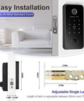 Keyless Entry Smart Door Lock With Fingerprint Anti Peep Code Bluetooth Auto Lock For Front Door iOS And Android App Control No Fuss Install Black Finish shown with measurements.
