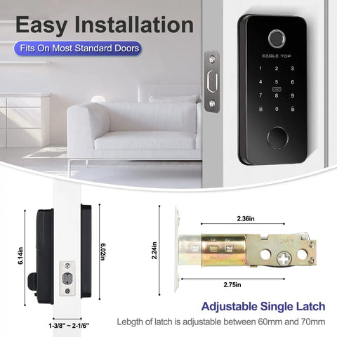 Keyless Entry Smart Door Lock With Fingerprint Anti Peep Code Bluetooth Auto Lock For Front Door iOS And Android App Control No Fuss Install Black Finish shown with measurements.