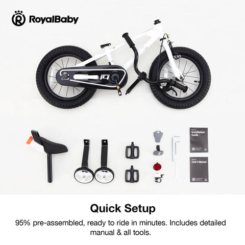 Freestyle 16 Inch Kids Bike For Boys And Girls, BMX Style, White, parts laid out for easy assembly with manual and tools