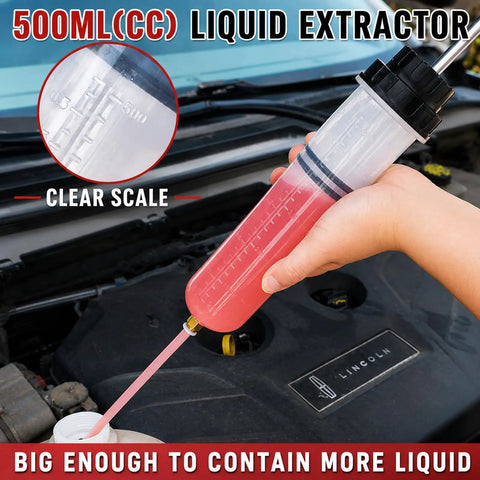 Heavy Duty 500ml Fluid Extractor Syringe For Brake Bleeding Manual Oil Transfer Pump With Clear Cylinder Tube To Monitor Flow in use.