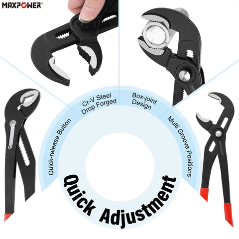 Three Piece Water Pump Pliers Set Grip Ready With Push Button Quick Adjustment 7 Inch 10 Inch And 16 Inch Tongue And Groove Pliers For Plumbing DIYers Homeowners HVAC Pros Heavy Duty Adjustable Pliers Kit With Carrying Bag