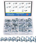 84 Piece Mini Fuel Injection Style Hose Clamp Set, 10 Clamp Sizes, Beefy Zinc Plated Steel, Fits Diesel And Gas Lines in storage box.